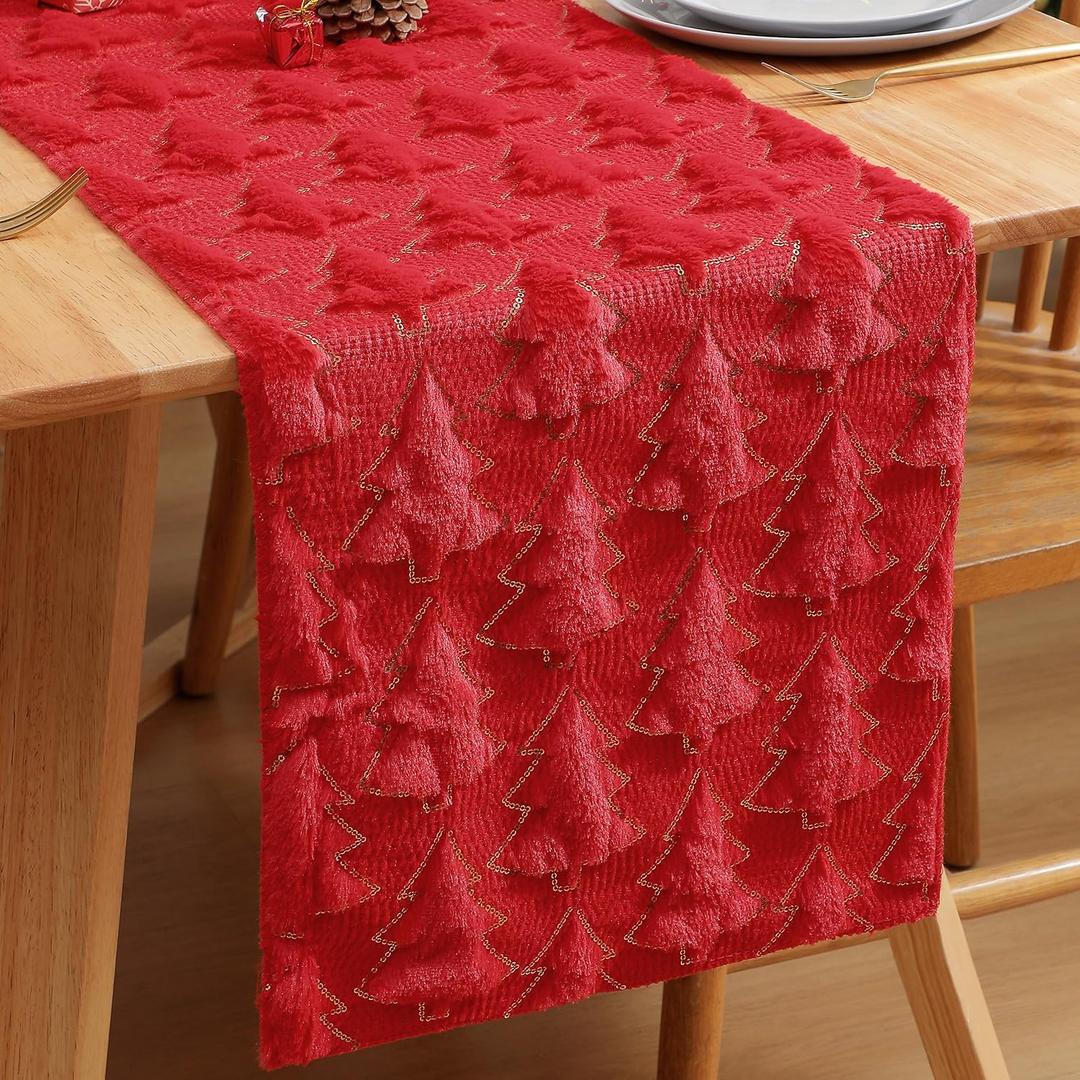 Christmas Table Runner Quilted Plush 3D Table Runners Red Xmas Tree Sequins Runners for Tables Kitchen Dining Decorations Winter Runner Party Supplies 13x72 Inch