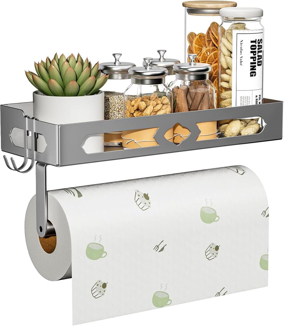 Stylish Kitchen Paper Towel Holder with Shelf - Adhesive Hand Towel Holder for Bathroom Wall Mount, Rust-Resistant Matte Grey Finish for RV Toilet Paper Holder Rack, Easy One-Handed Operation Design (Gray)