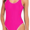 Leoparts Women's Retro 80s/90s High Cut Low Back One Piece Swimsuits Bathing Suits (Pink, M)
