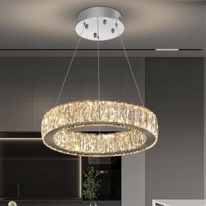 Modern LED Dimmable Crystal Chandelier 15.7" Ring Pendant Light Adjustable Round Chrome Crystal Chandelier Light Fixtures for Dining Room Living Room, Silver