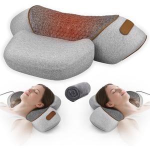 3-in-1 Pillow Neck Massager with Heat & Traction, Deep Tissue Relief & Hump Support, Neck and Shoulder Relaxer for Women & Men (Gray)