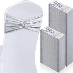 Hahafelt 100 pcs Chair Sashes Shiny Bow Spandex Bands for Chair Wedding Banquet Parties Reception Restaurant Decoration, Sliver