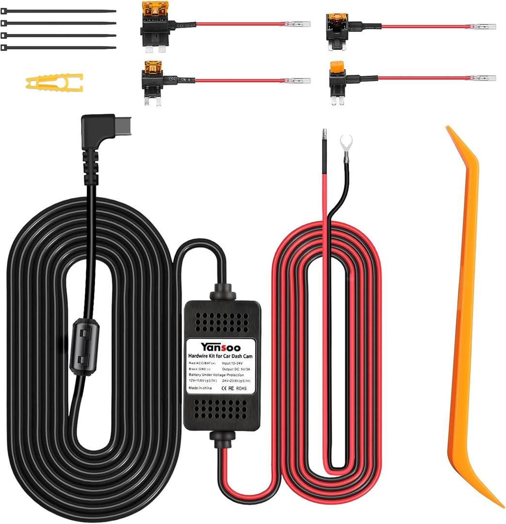 Dash Cam Hardwire Kit USB C,13ft Type-C Hard Wire Kit for Dash Camera,USB C Hard Wire Kit Fuse for Dashcam,12V-24V to 5V Hardwire Kit Car Camera Charger Power Cord with Low Voltage Protection (H511)