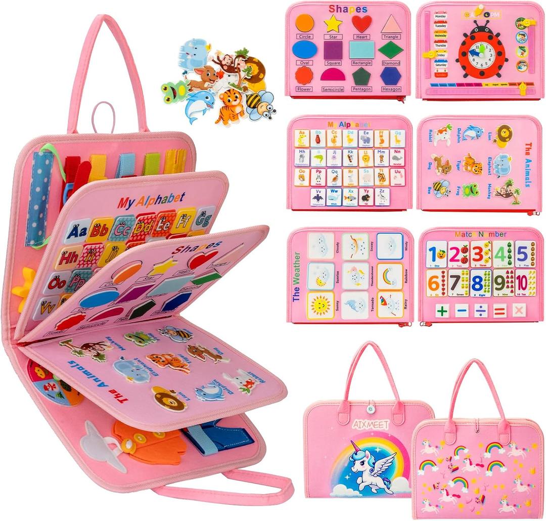 AIXMEET Toddler Busy Board Montessori Toys, Sensory Board Busy Book, Toys for Toddlers 3456 Year Old, Preschool Learning Activities with Life, Shape,Color,Animal,Weather,8 Pages (Pink)