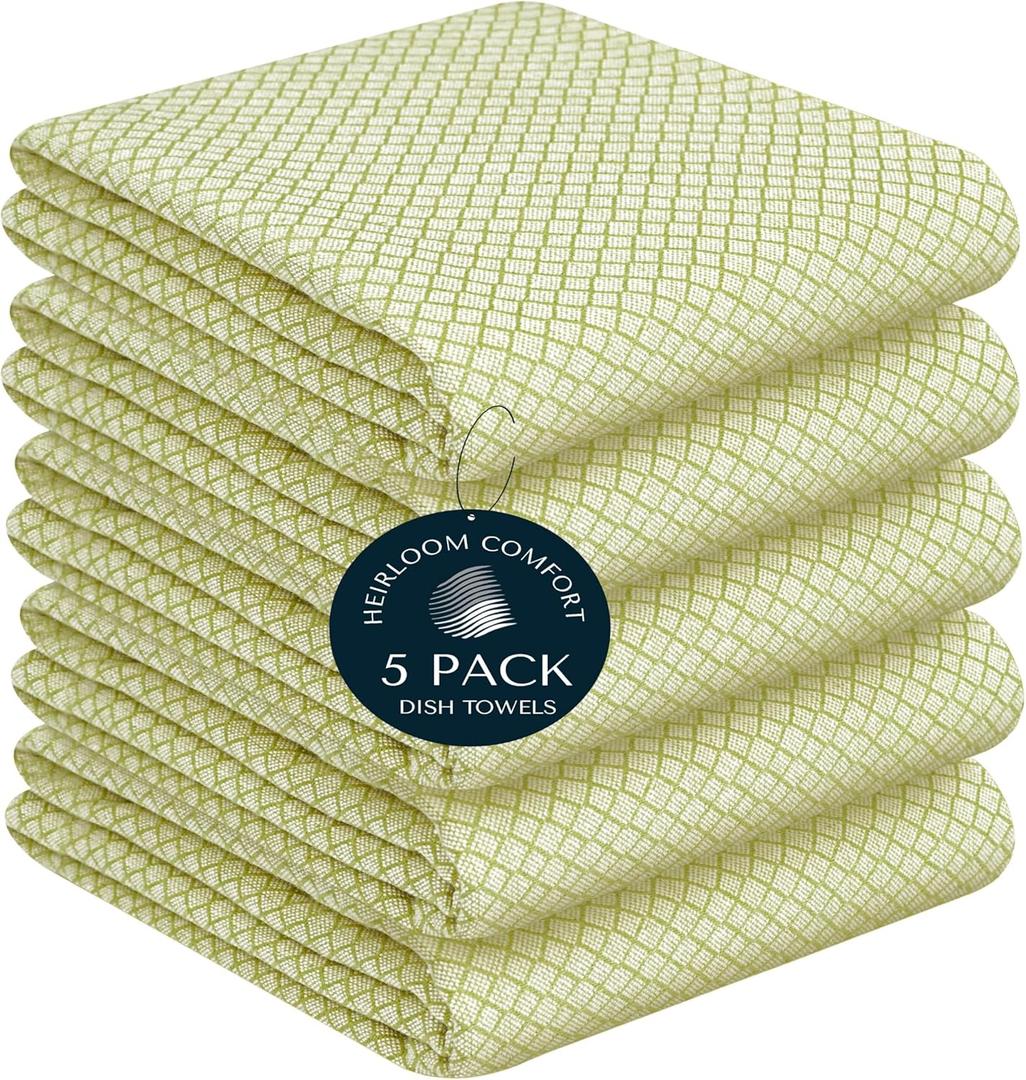 Lemon Green Honeycomb Kitchen Towels 5 Pack, 16x26 Inch, 100% Cotton, Quick Drying, Super Absorbent, Reusable & Washable Dish Towels for Drying, Cleaning, and Everyday Use