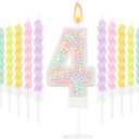 MTLEE Number 4 Birthday Candle with 12 Pcs Spiral Candles for Girls Macaron Pastel Rainbow Unicorn Pink Cake Topper for Sweet Theme Party Decoration (White)