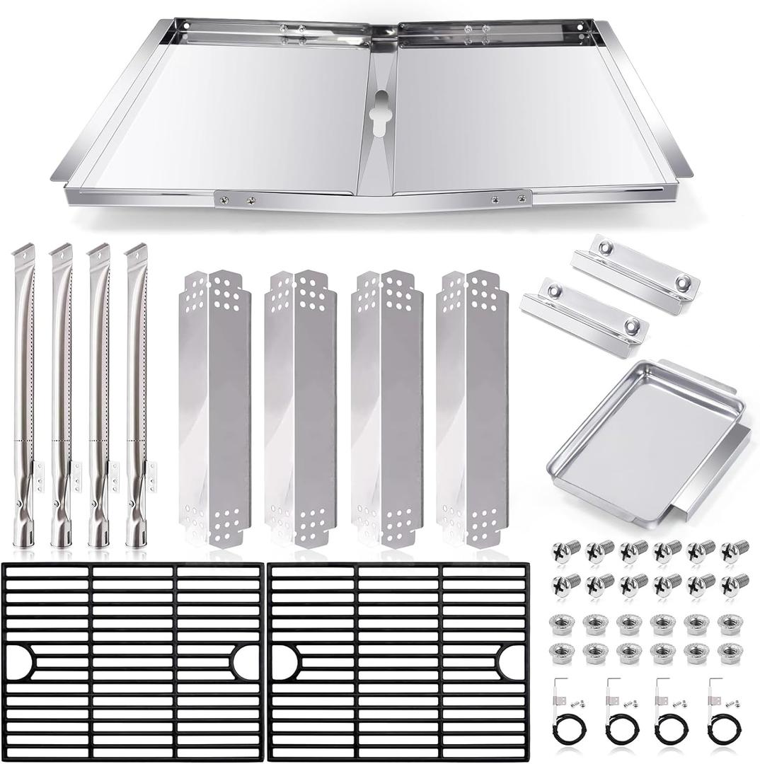 Grill Replacement Parts for Nexgrill 4 Burner 720-0830H, 720-0783E, 720-0888, 720-0830A, 720-0888N, Adjustable 24''-30'' Grease Tray, Cooking Grates, Heat Plates Shield, Burner Tubes and Igniters. (4 Burner Grate Kits with Drip Pan)