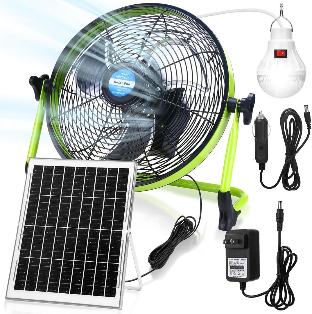 12" Solar Rechargeable Floor Fan, 15000mah 20w Battery Powered Fan with Solar Panel & Ac Adapter Charging, 3-in-1 Camping Ventilador and Light for Outside Home Patio Garage Chicken Coop Greenhouse
