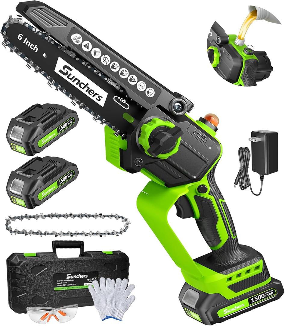 Mini Chainsaw Cordless, 6 Inch Electric Chainsaw with 2 Battery, Handheld Battery Powered Chain Saw with Auto Oiler, Garden Tools Saw for Wood Cutting Tree Cutter, Holiday Gifts for Men, Dad, Husband (Green)
