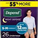 Depend Night Defense Adult Incontinence Underwear for Men, Disposable, Overnight, Small/Medium, Grey, 26 Count, Packaging May Vary