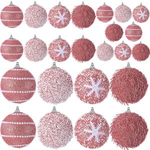 24 Pcs Glitter Christmas Tree Ornaments, Assorted Sizes Sequin Snowflake Shatterproof Christmas Ball Hanging Ornament Set for Xmas Holiday Party New Year Home Decorations (Rose Gold)