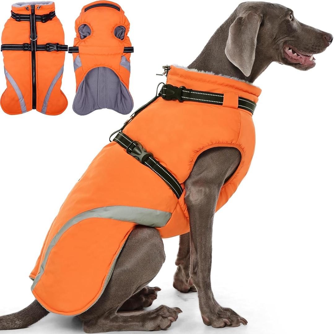 QBLEEV Dog Coat for Large Dogs, XL Dog Jacket for Winter Snow Waterproof with Built-in D-Ring Harness, Reflective Warm Thick Fleece Safety Vest, Cold Weather Snowsuit with Zip, Orange, XL
