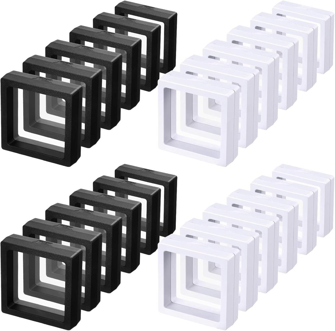 Queekay 60 Pcs 3D Floating Display Case 2.8 x 2.8 x 0.8 Inch Coin Frame Display Holder Stands for Antique Challenge Coins, Jewelry, Shells, Gems, Minerals, Rocks, Specimen, Pins(Black,White)