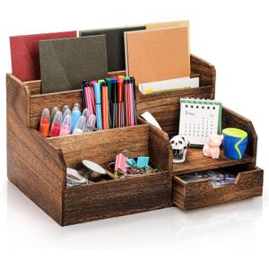 Pumtus Brown Wooden Desk Organizer, Mail Organizer with 7 Compartments and Drawer, Rustic Mail Sorter with Pen Holder, Tabletop Mail Basket, Office Accessories Holder for File Letter Document