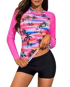 Daci Women Pink Two Piece Rash Guard Long Sleeve Swimsuits UV UPF 50+ Swim Shirt Bathing Suit with Boyshort Bottom S