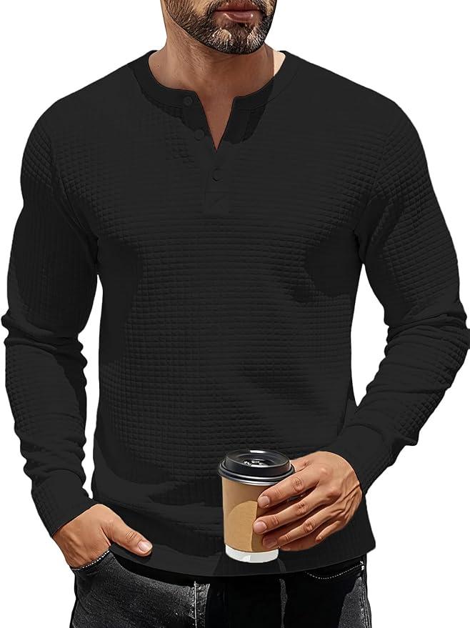 TAFLE Men's Henley Shirts Long Sleeve Casual Waffle T-Shirts Button Pullover Sweaters Tee Shirt Black 2XL