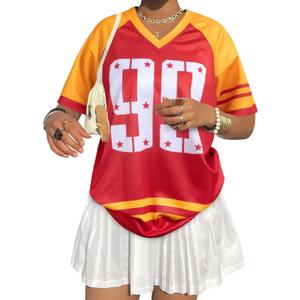 Jersey Shirts for Women Oversized Number Graphic Jersey Shirt Y2k Streetwear V Neck Short Sleeve Tee Tops (M)