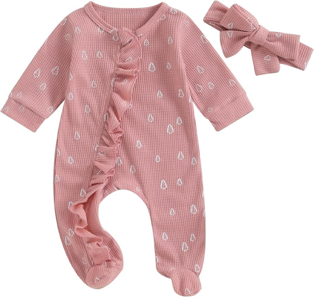 Halloween Baby Boy Girl Outfit Pumpkin Long Sleeve Onesie Romper Jumpsuit Halloween Clothes Girl Boy (Newborn, Pink Christmas Tree)