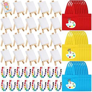Seajan 12 Set Mini Watercolor Paint Set Include 3 x 3'' Mini Canvas Wood Easel 12 Colors Watercolor Paints and Canvas Tote Bags for Easter Classroom Art Party Favors Painting Beginner