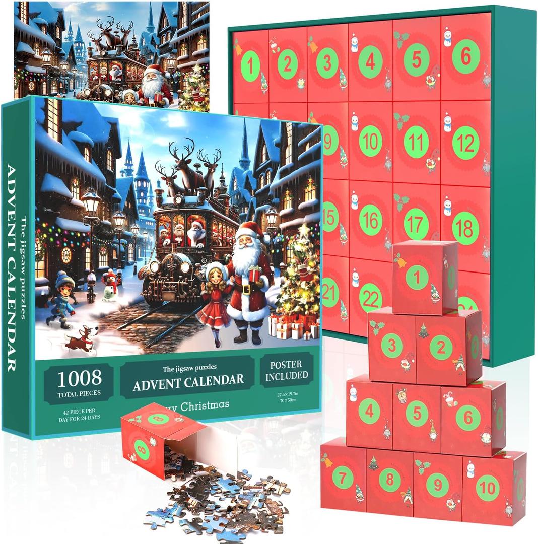Becko US Christmas Puzzle Advent Calendar 2025 Puzzles for Adults, 1008 Pieces Jigsaw Puzzles, 24 Days Countdown to Christmas Thanksgiving Holidays, Xmas Puzzle as Decorations (Snow Scene)