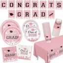 Pink Graduation Decorations 2025 Tableware 102Pcs Graduation Party Decorations Set Include Gongrats Grad Banner Plates Napkins Forks Cups and Waterproof Tablecloth for Class of 2025 Decor