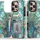 LETO for iPhone 16 Pro Wallet Case - Flip Folio Leather Kickstand - Fashionable Flower Designs - Credit Card Holder - Protective Phone Cover for Women and Girls - 6.3" - Green Oyster Shell