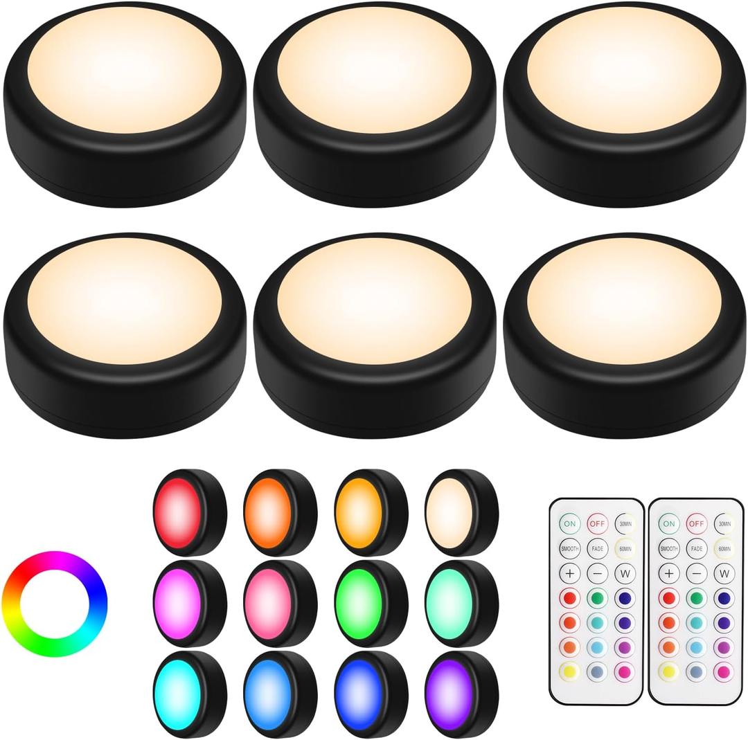 Alivation Puck Lights with Remote Control, LED Under Cabinet Lighting Wireless, LED Light Battery Operated, Tap Battery Powered, Stick on Push Lights for Closet, Kitchen, Wall, Counter (Black)