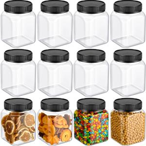Nosiny 12 Pcs 24 oz Plastic Jars with Lids Airtight Food Containers Large Plastic Jars with Screw on Lids Refillable Kitchen Storage Containers for Dry Food, Coffee, Candy for Kitchen(Black)