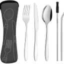 Travel Utensils Set with Case 4 Pack, Reusable Stainless Steel Portable Cutlery (Fork, Spoon, Knife, Straws & Cleaner) for Work, Dorm, Camping, Lunch Box, Compact Durable Silverware by Ecoberi (Black-Grey)