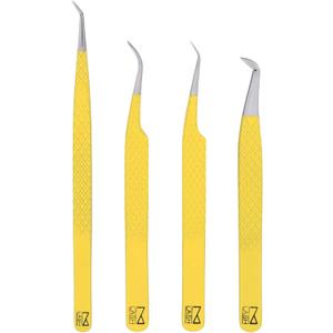 M LASH Tweezers for Eyelash Extensions (Set of 4) - Professional Lash Extension Tweezers - Fiber Tip, Japanese Steel, Diamond Grip Eyelash Extension Tweezer (Yellow)