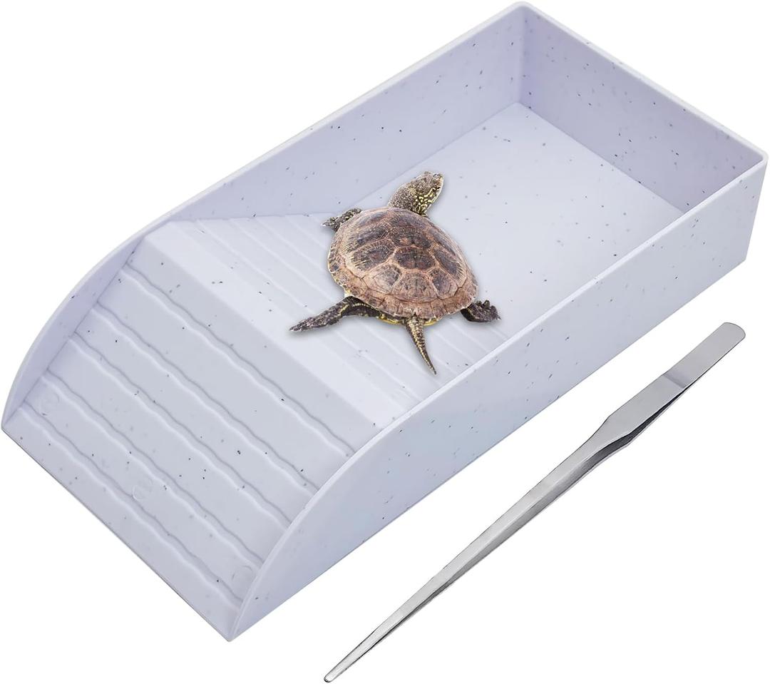 kathson Tortoise Water Dish with Ramp and Basking Platform, Reptile Water Bowl Turtle Soaking Tub Hermit Crab Bathing Pool for Amphibians Habitat Accessories (White) (12" L x 5.9" W x 2.36" H, Style 1-White)