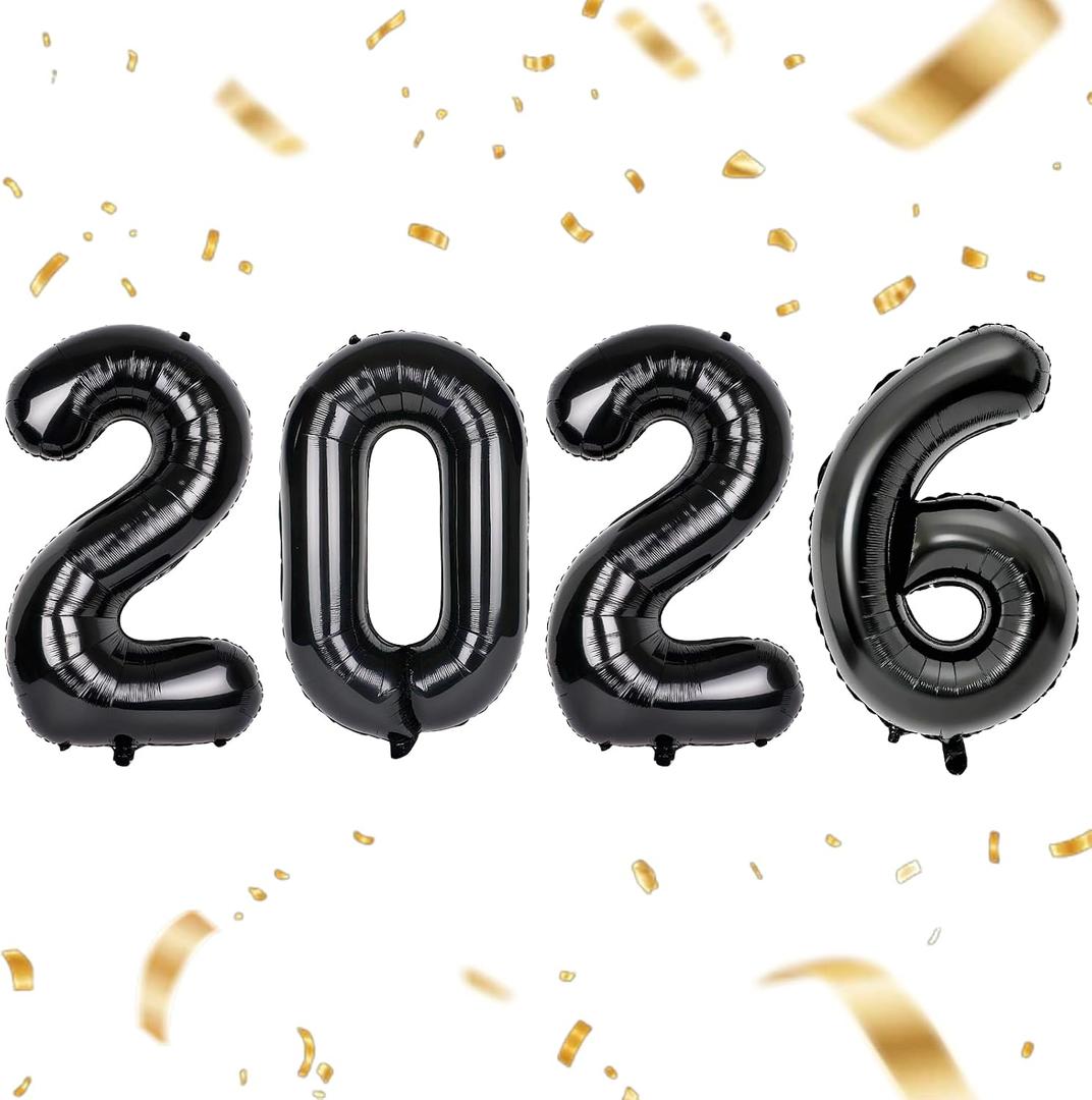 Black Foil 2026 Balloons-40inch with Glue Dot and Ribbon, Black Number Balloons for New Years Eve Party Supplies, Class of 2026 Decorations, Graduation Decorations 2026