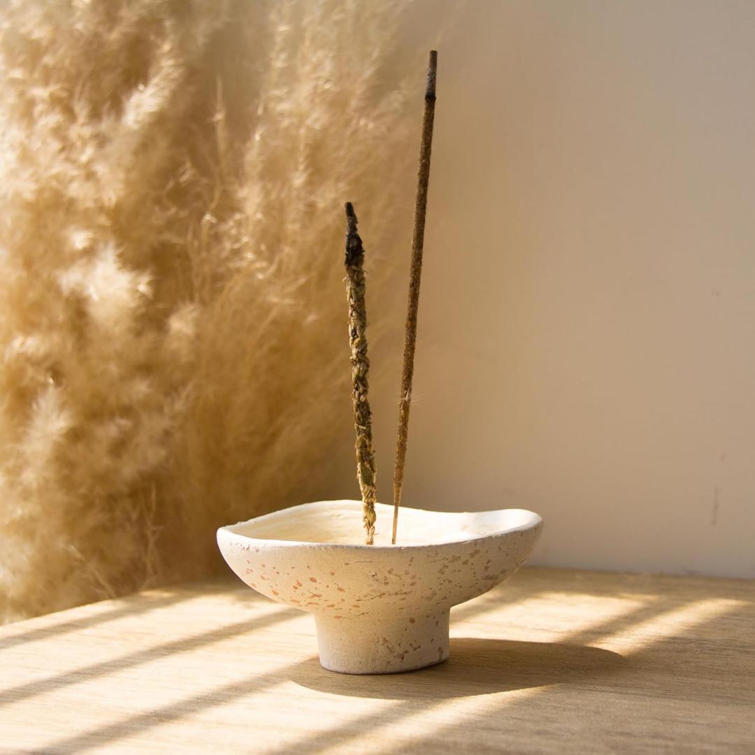 Handmade Rustic Terracotta Incense Holder, Ceramic Palo Santo & Sage Sticks Bowl,Wabi‑sabi & Retro, A Spiritual Decor for Yoga&Meditation (White), 12.4L x 11.7W x 5.8Th cm