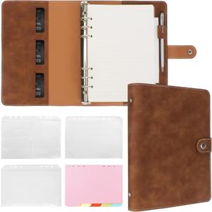 FYY A5 Binder Refillable Planner Notebook 6 Ring PU Leather Binder Journal with Pockets, Dividers, Refill Paper Brown