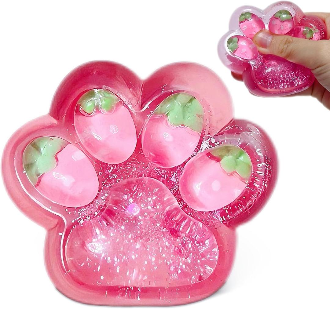 Pink Cat Paw Taba Squishy Toys, Soft Strawberry Fufu Squishy Stress Sugar Balls for Kids and Adults, Cat Paw Squeeze Ball Sensory Toys for Party Favors, Easter Basket Stuffers, Birthday Gifts