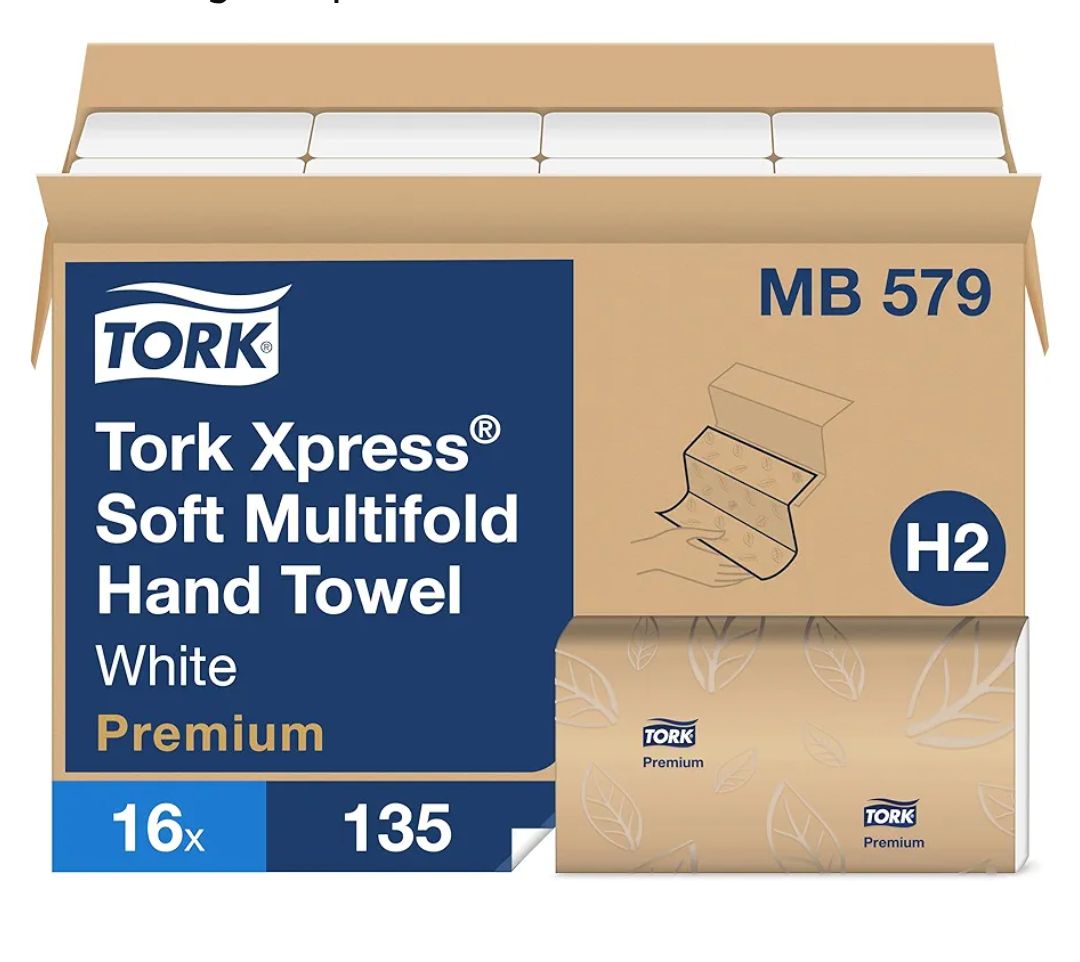 Tork Soft Xpress Multifold Paper Hand Towels White, H2 System Compatible 16 Packs X 135 Towels Each (MB579)