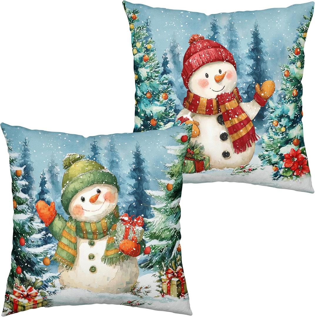 Lovely Green and Red Snowman Pillow Covers Christmas Throw Pillow Covers 18x18 Set of 2 Winter Xmas Tree Pine Forest Pillowcase Holiday Cushion Case for Couch Sofa