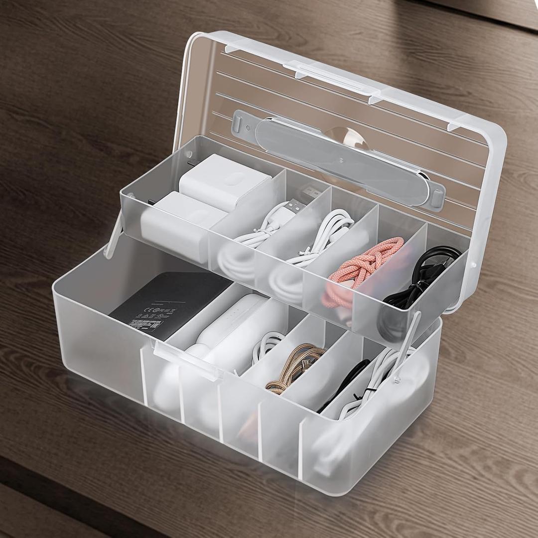 NatureTouch Cable Organizer Storage Box with HandleDouble Layers Desktop Cable Management Box with LidPower Cord Organizer with 11 Compartments for Office,Home,Desk-Transparents (Tran)