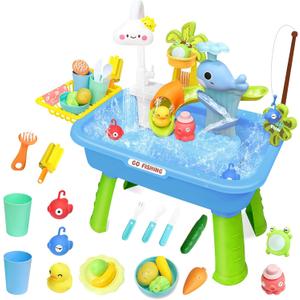 Water Table for Toddlers 1-3, Kids Play Sink for Toddlers with Pump, Whale Slide, Waterfall Shower & Pretend Kitchen Accessories, Summer Baby Water Toy for Outdoor Backyard Sensory PlayBlue