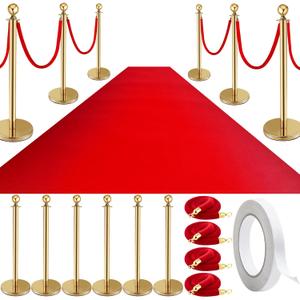 Pelopy 12 Pcs Stanchion Posts with Velvet Ropes and Red Carpet 26 ft, Crowd Control Barrier Set, 38" Gold Queue Poles for Wedding, Graduation, Party, Event Entrance Decor