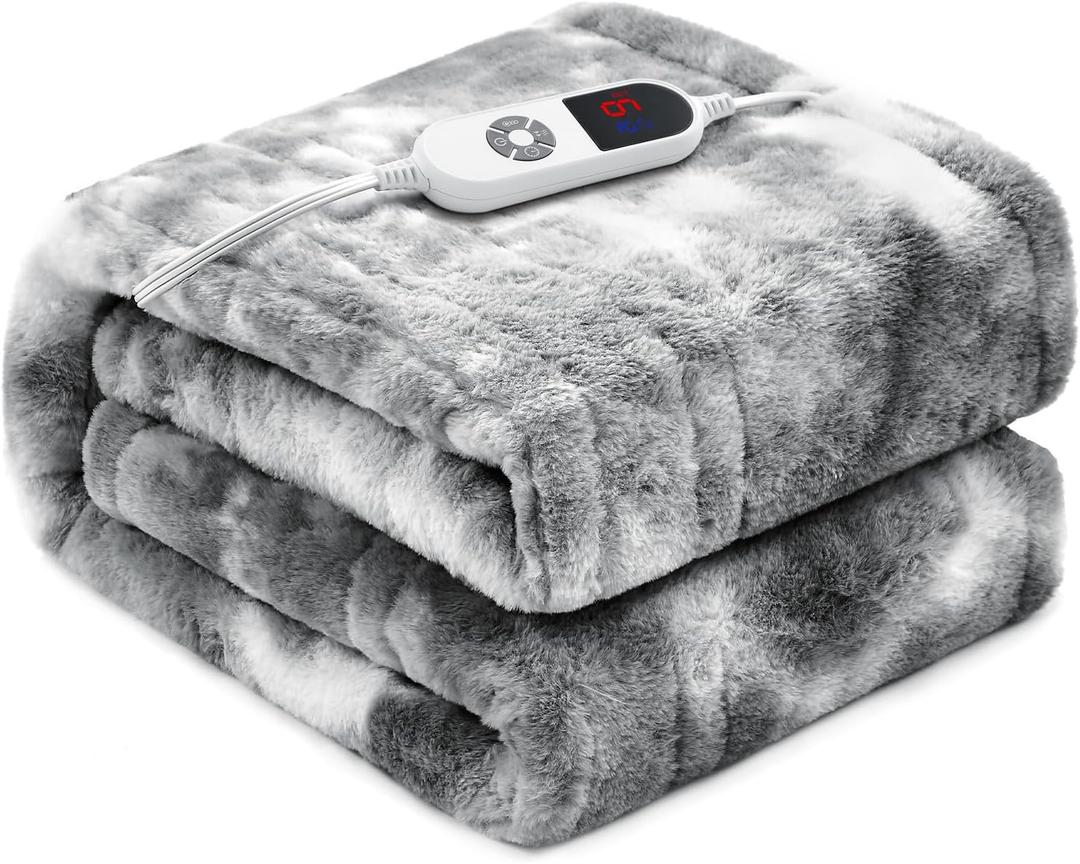 Electric Heated Blanket 50"x60",Luxury Grey Faux Rabbit Fur Electric Throw Blanket,Fast Heating Soft Fluffy Thick Electric Blanket with 6 Heating Levels & 12H Auto Off