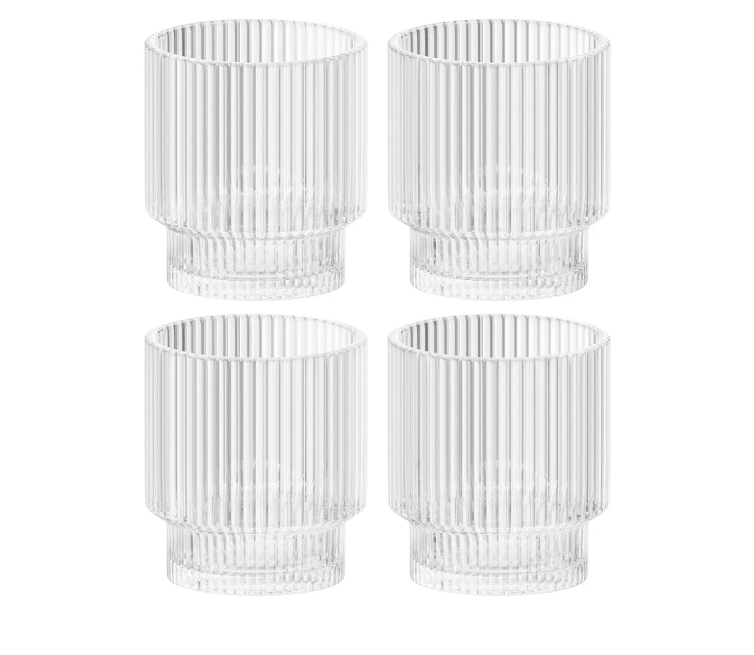 American Atelier Vintage Art Deco Fluted Drinking Glasses | Ribbed Glassware for Cocktail, Gin, Whiskey, & More | Modern Glassware | Lowball Fluted Cocktail Glasses | Set of 4 | 9 Oz (Clear)