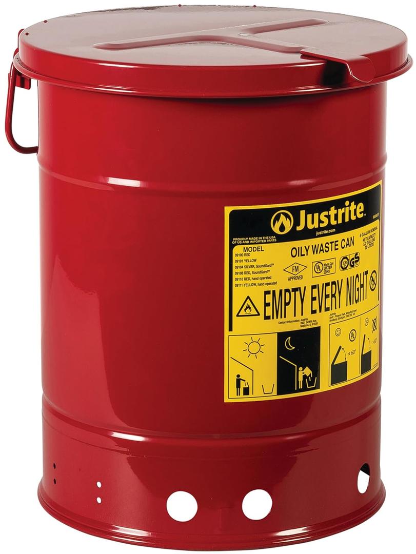Justrite 6 Gallon Galvanized Steel Oily Waste Can, 16" x 12" Metal Oil Rag Safety Can with Hand Operated Self-Closing Lid for Oil Rag Disposal, Made in The USA, Red, 09110