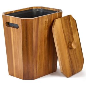 BLUEWEST 2.6 Gallons Acacia Wooden Bathroom Trash Can with Lid & PP Liner Small Wastebasket with Handle, Decorative Wood Bin for Bedroom, Office or Under Counter Use