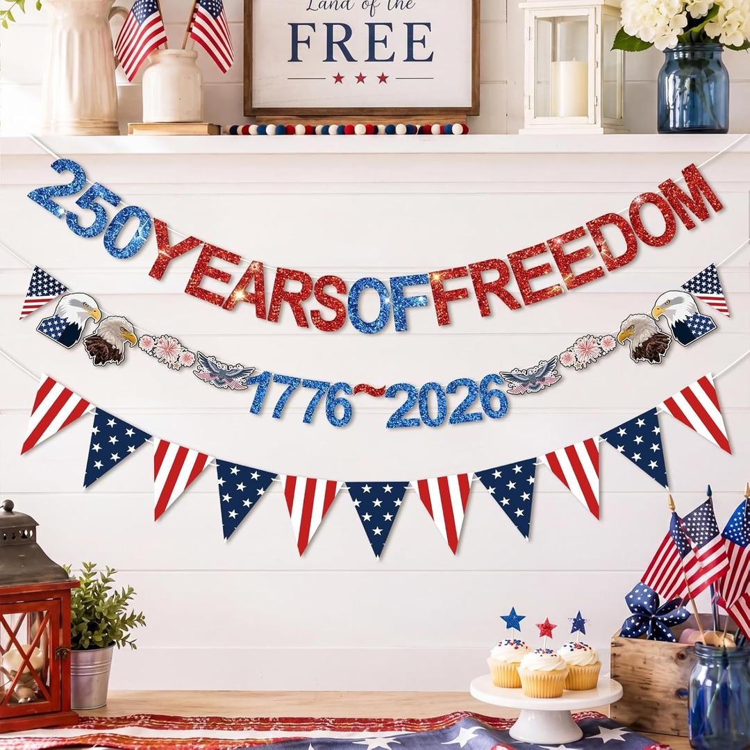 Breling 3 Pcs 4th of July Party Decoration 250th Anniversary Banner 8.2 ft Glitter Red White Blue Banner 250 Years of Freedom 1776-2026 for Independence Day Patriotic