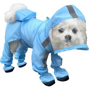 Dog Raincoat with Hood, Waterproof Full-Coverage Reflective Rain Jacket Quick-Drying Rain Poncho and Shoes for Small Medium Large Dogs,Blue,S (SBack Length 8'')