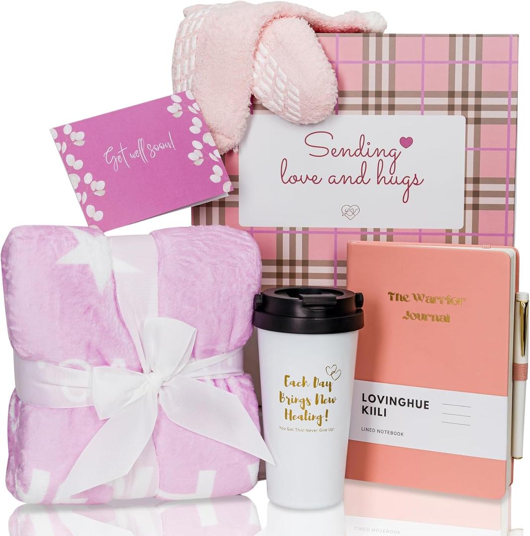 Chemo Care Package, Cancer Care Gifts for Women with Blanket, Socks, Journal, Tumbler (Pink)