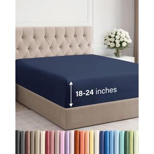 Extra Deep Cal King Fitted Sheet - Hotel Luxury Single Fitted Sheet Only - Easily Fits 18 inch to 24 inch Mattress - Ultra Soft, Wrinkle Free with Extra Deep Pockets - Breathable & Comfy - Navy Blue