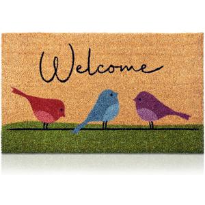Colorful Birds - 29"x17" - Coir Door Mat with Heavy Duty Backing - Welcome Mats for Entryway, Porch - Anti-Slip PVC & Coconut Fiber Surface - Natural Home Accessories, Minimalist Original Design