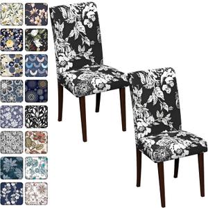 Chair Covers Dining Room Set of 2,Printed Patterned Stretch Non Slip | Chair Slipcover Removable Washable Kitchen Chair Protector Cover for Home Hotel Banquet Wedding Party Navy White Floral Leaf